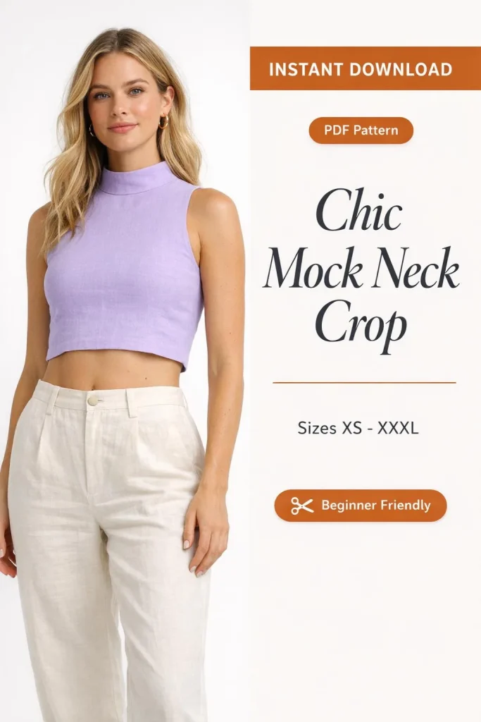 Chic Mock Neck Crop PDF Sewing Pattern | Beginner-Friendly Instant Download XS-XXXL