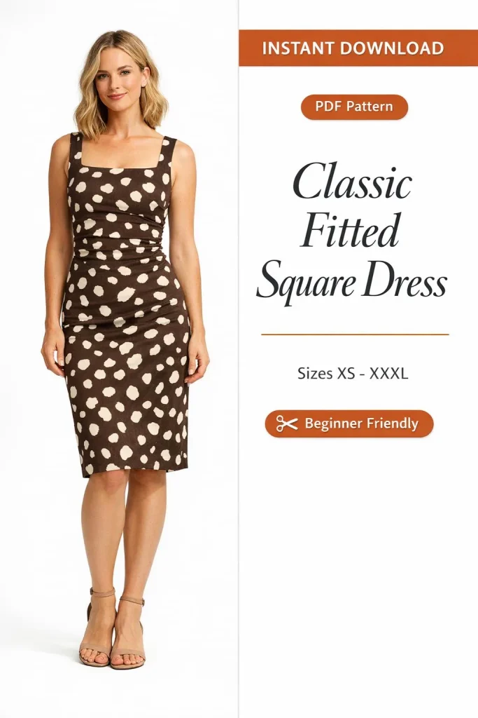 Classic Fitted Square Dress PDF Sewing Pattern | Beginner-Friendly Instant Download XS-XXXL