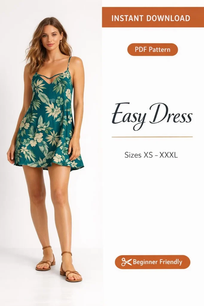 Easy Dress PDF Sewing Pattern | Tropical Print Mini Slip Dress with Spaghetti Straps XS-XXXL