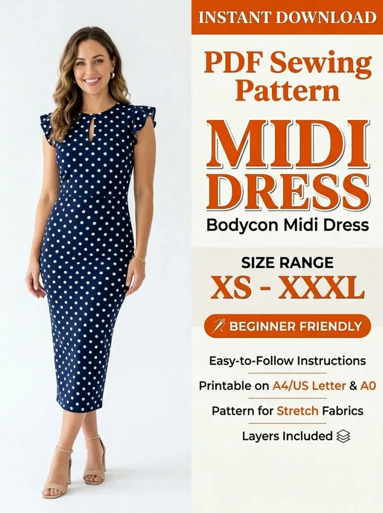 Midi Dress PDF Sewing Pattern | Bodycon Ruffle Sleeve Polka Dot Dress XS-XXXL