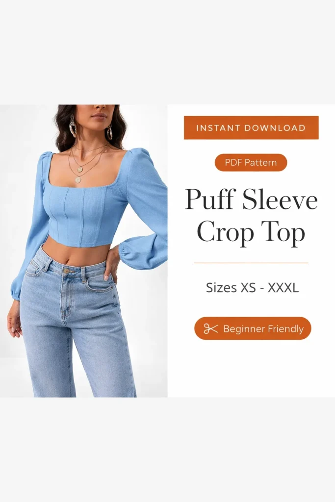 Puff Sleeve Crop Top sewing pattern - PDF instant download