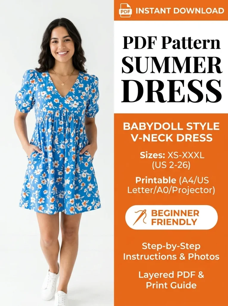 Summer Dress PDF Sewing Pattern | Beginner-Friendly V-Neck Floral Sundress XS-XXXL