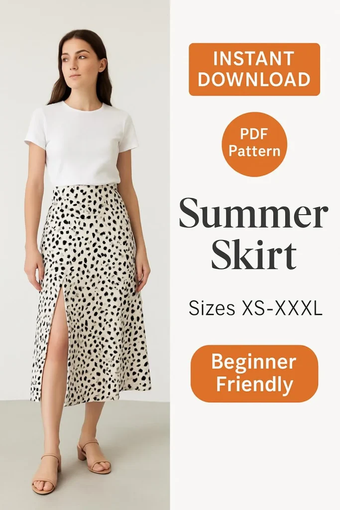 Summer Skirt PDF Sewing Pattern | Flowy Midi Skirt with Side Slit XS-XXXL