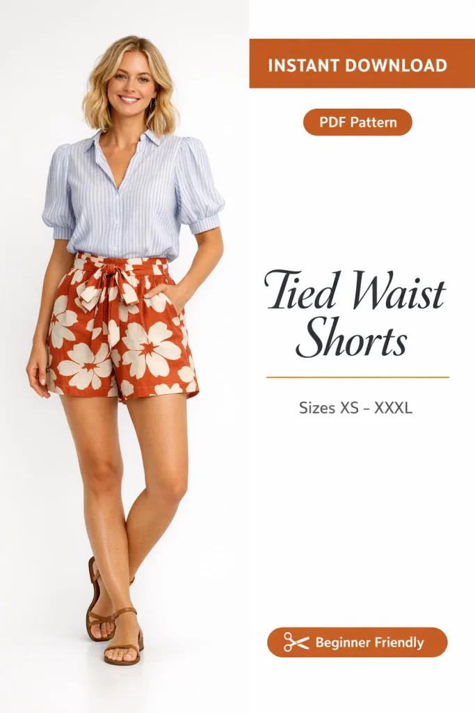 Tied Waist Shorts PDF Sewing Pattern | Beginner-Friendly Instant Download XS-XXXL