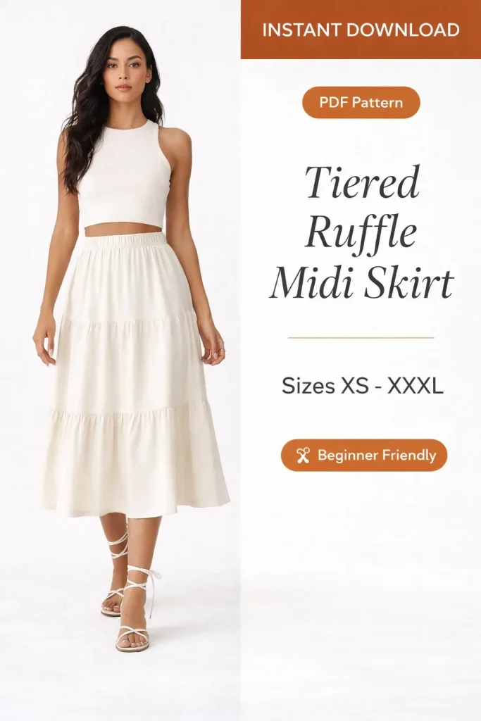 Tiered Ruffle Midi Skirt sewing pattern - PDF instant download