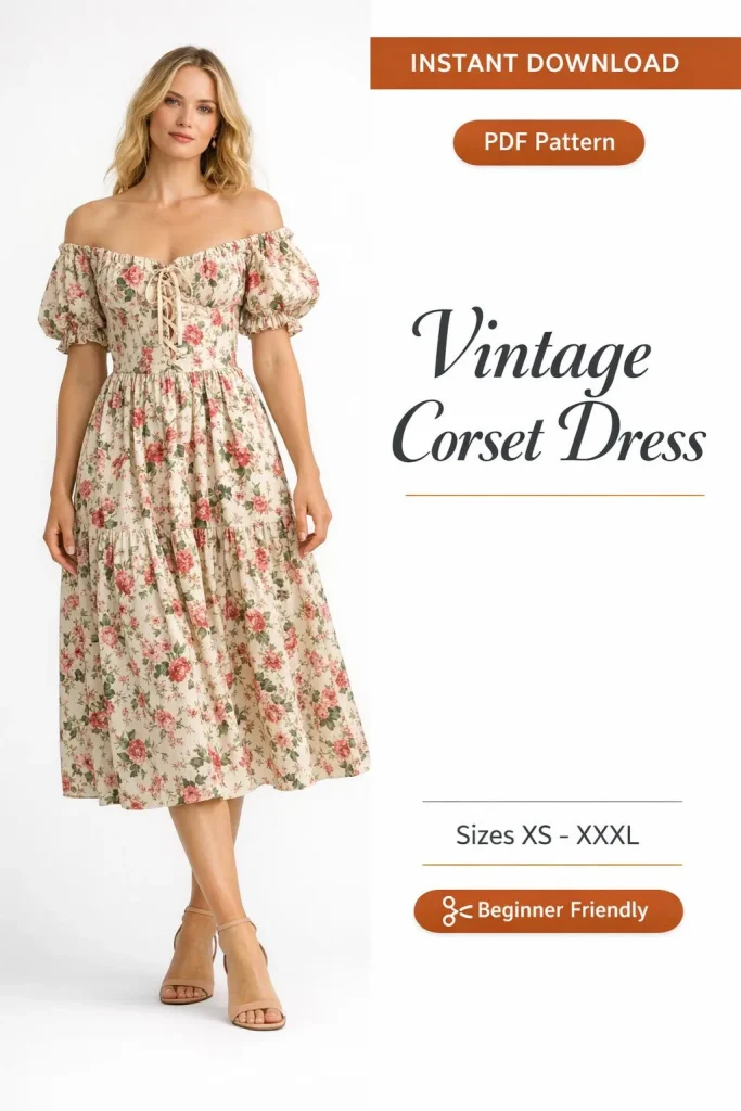 Vintage Corset Dress PDF Sewing Pattern | Beginner-Friendly Instant Download XS-XXXL