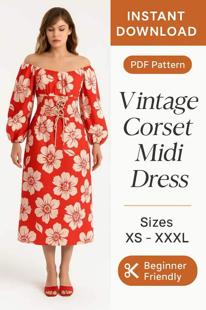 Vintage Corset Midi Dress sewing pattern - PDF instant download