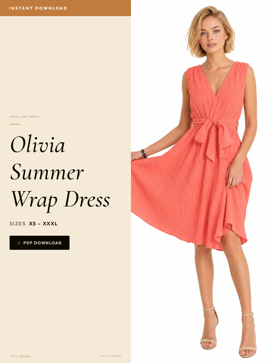 Olivia Summer Wrap Dress PDF Sewing Pattern | Beginner-Friendly Instant Download XS-XXXL