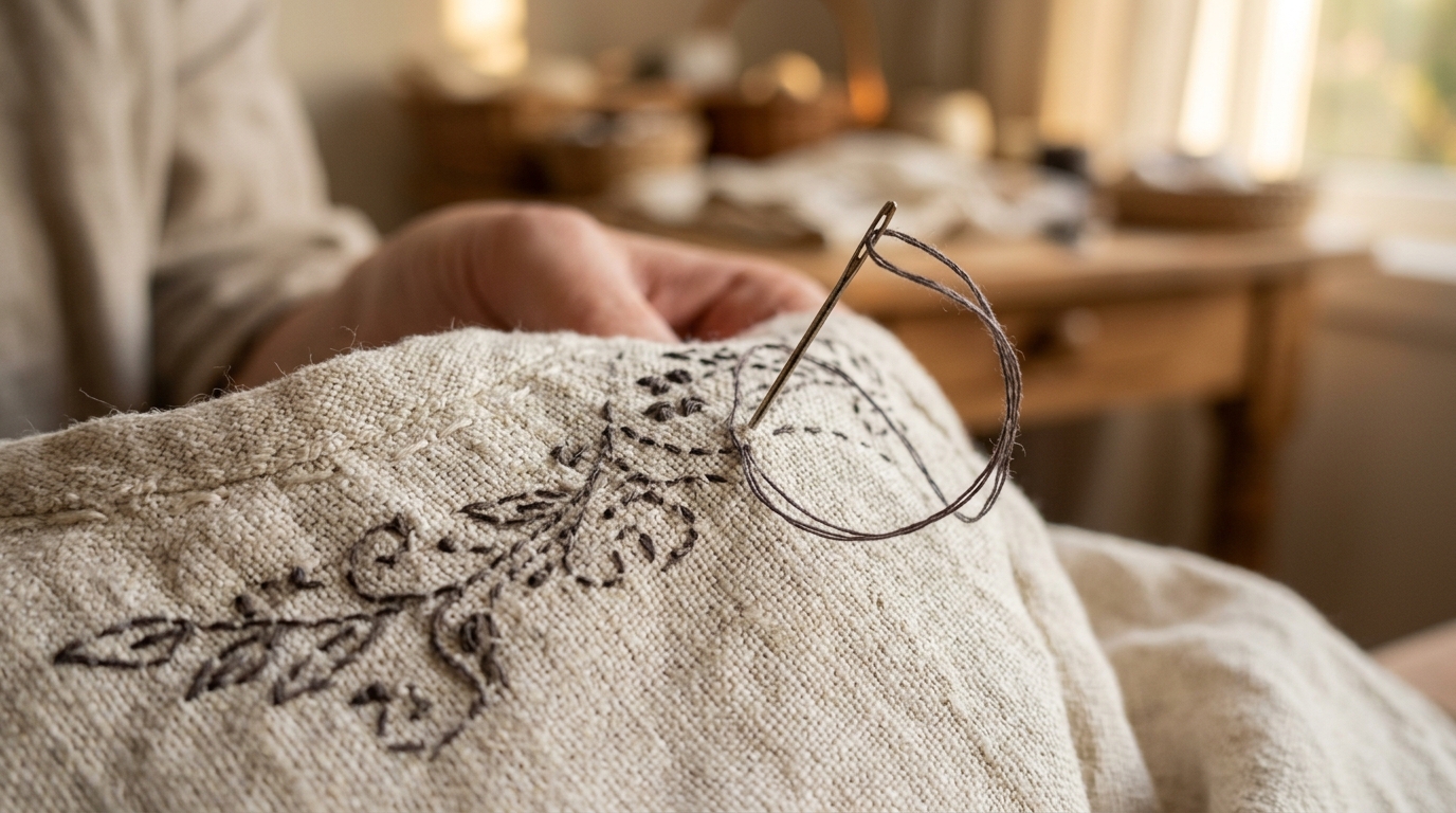 Close-up sewing detail: thread, fabric, and a hand guiding cloth through a machine