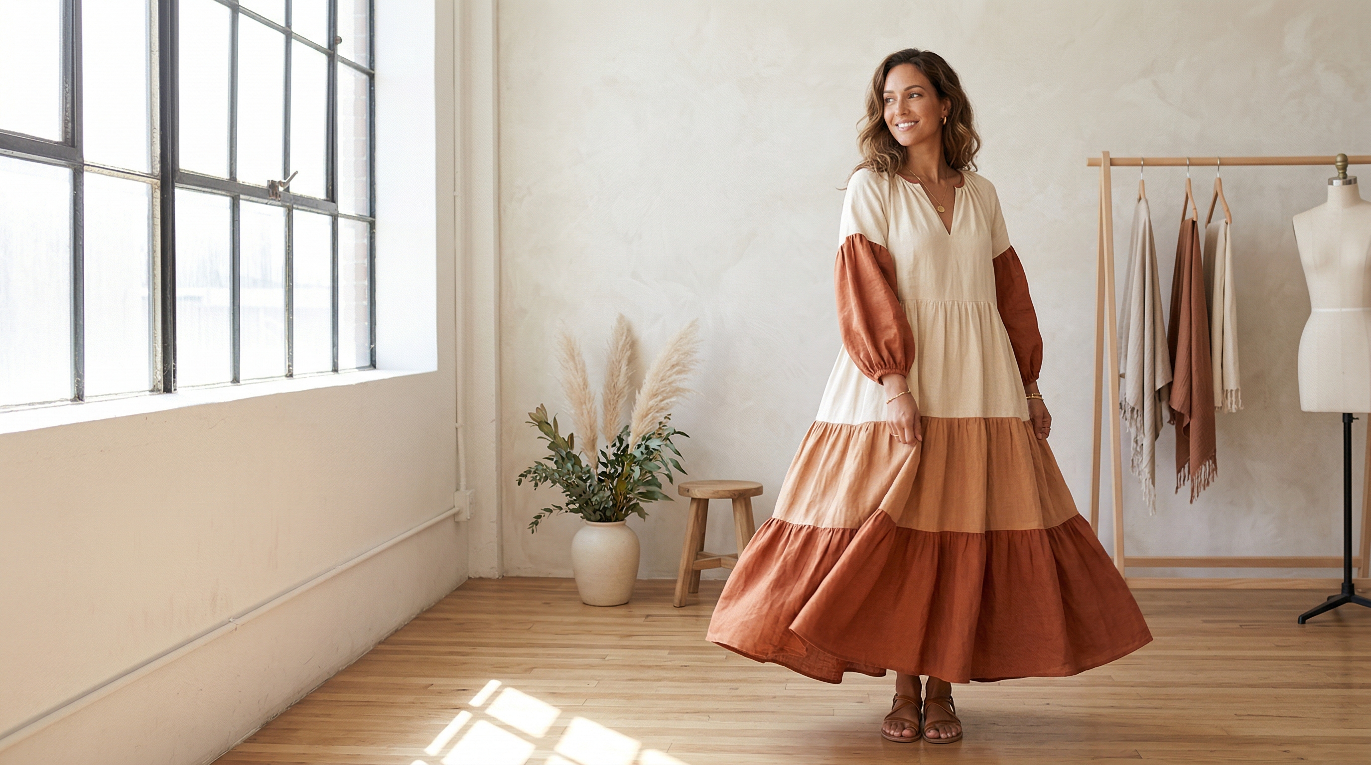 Woman in sewing pattern dress