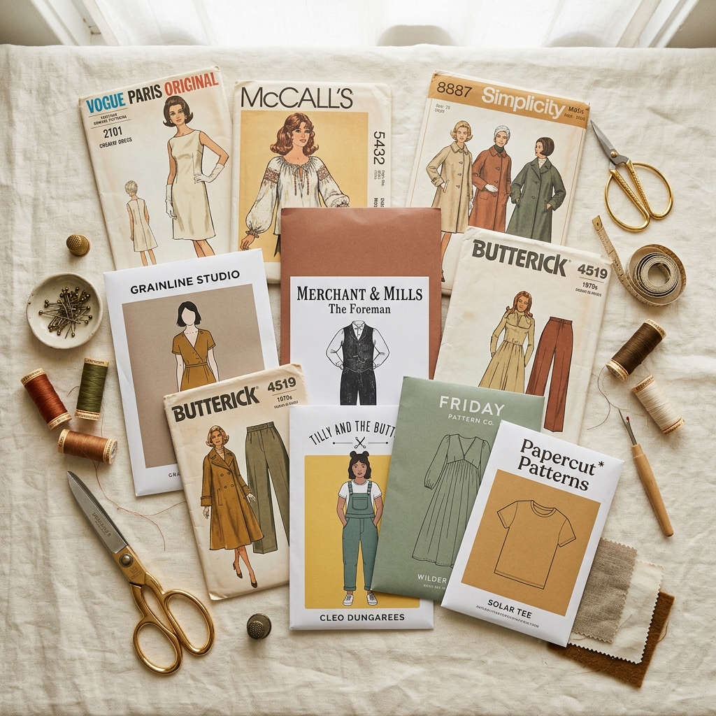 Sewing patterns laid out on a workspace, ready to cut